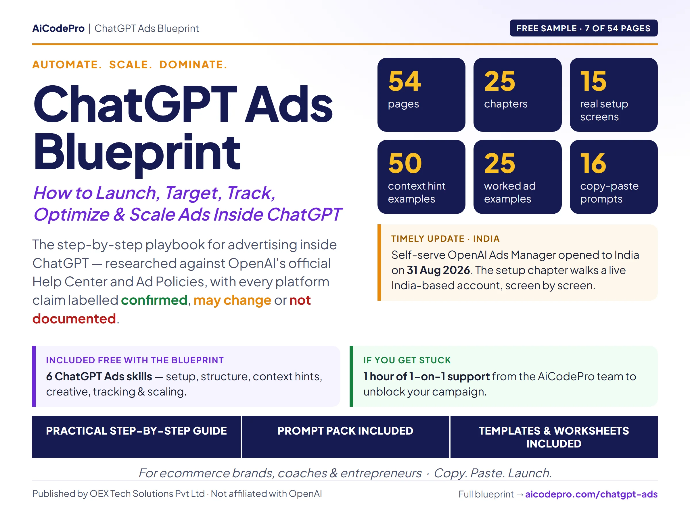 ChatGPT Ads Blueprint cover: 54 pages, 25 chapters, 15 real setup screens, 50 context hint examples, 25 worked ad examples, 16 copy-paste prompts