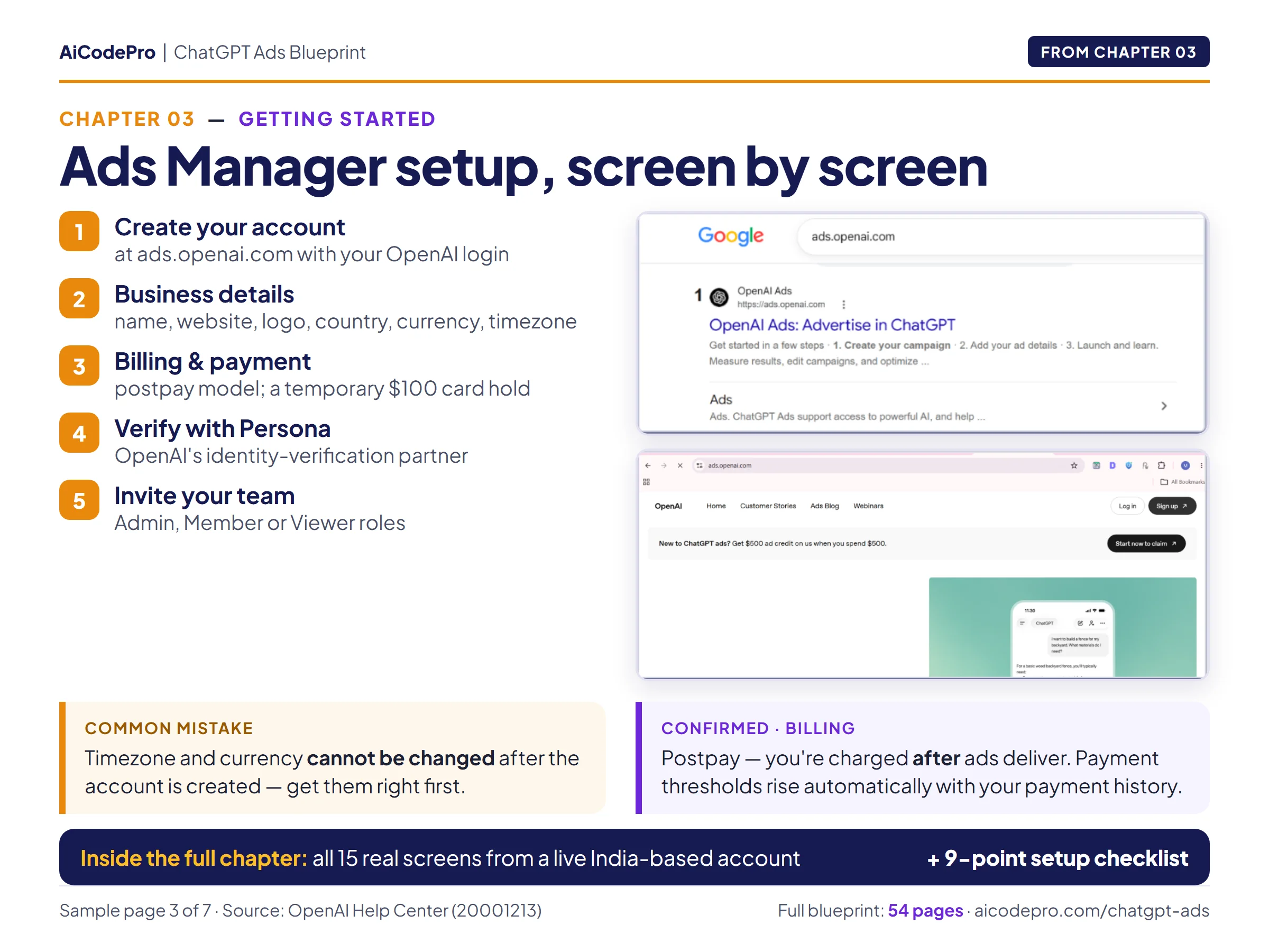 Chapter 3: the five OpenAI Ads Manager setup steps with real screenshots of ads.openai.com