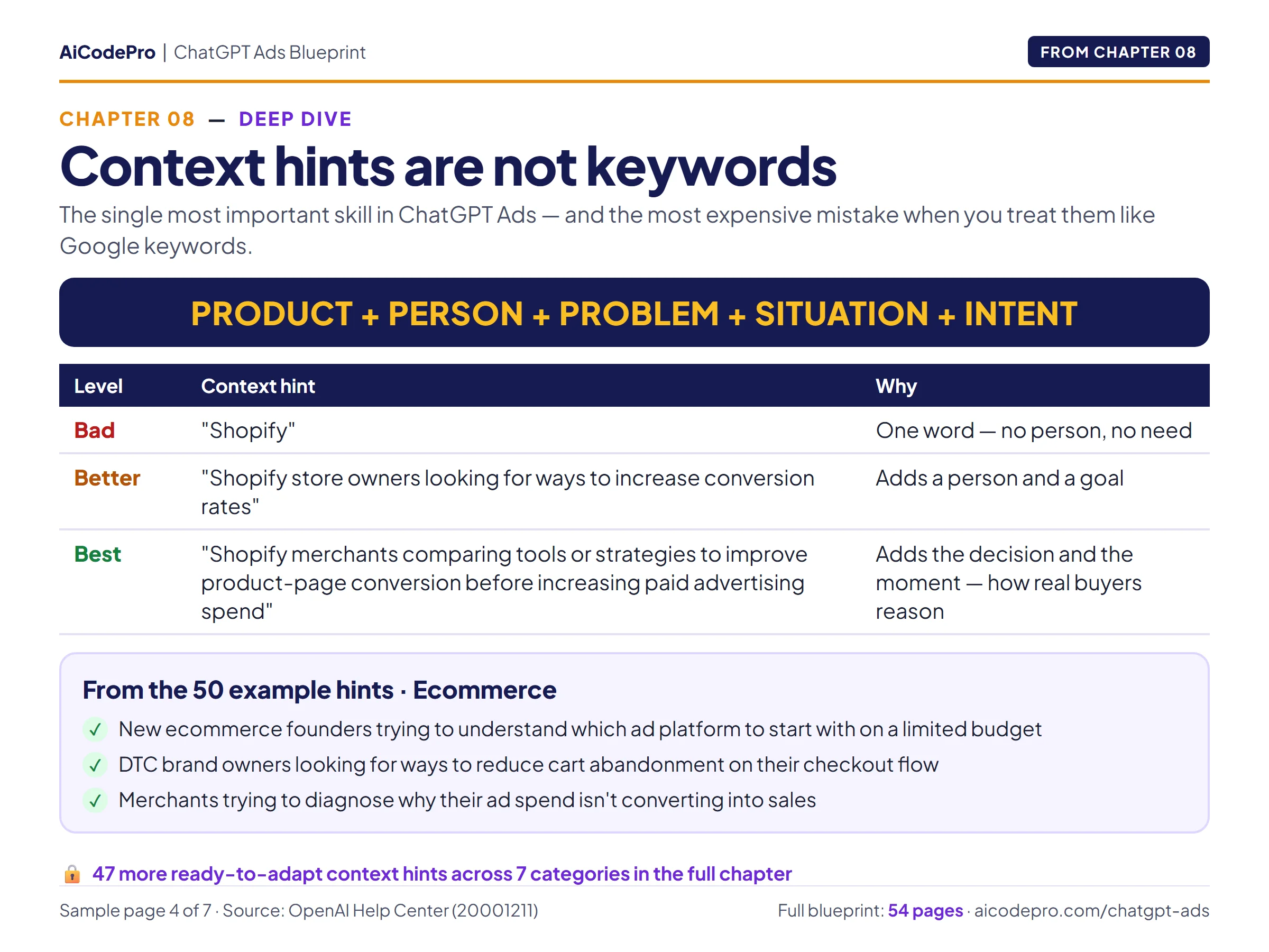 Chapter 8: the Product + Person + Problem + Situation + Intent formula with bad, better and best context hints